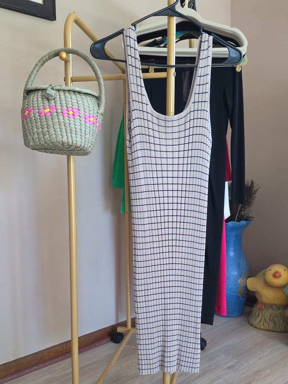 a new day Beige and Navy Ribbed Stretchy Sleeveless Midi Dress